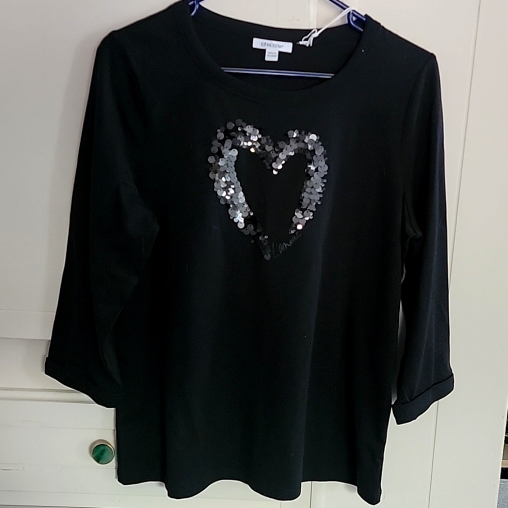 NWT Chico's Black Sequin Heart Top - M